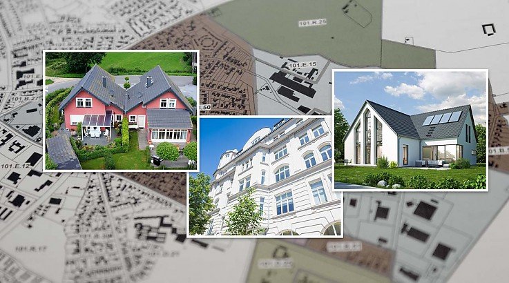 Hausfotos vor Karte mit Grundstücken